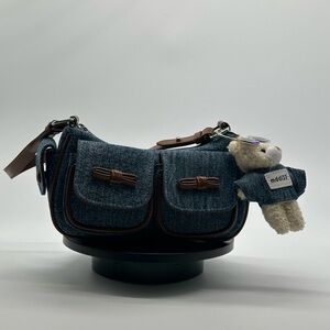 Denim Shoulder Bag with Teddy Charm - Blue